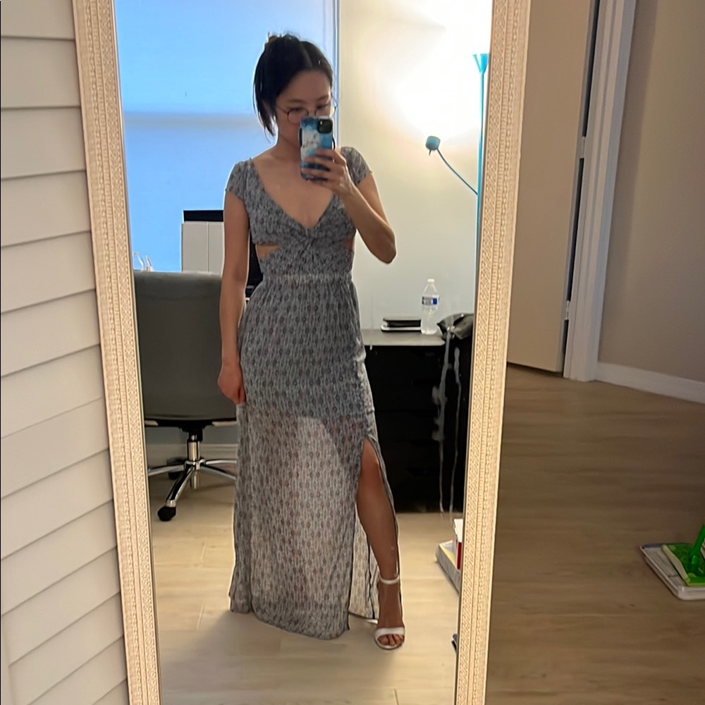 Hollister Silver Gray Maxi Dress with Slit V-Neck Sleeveless